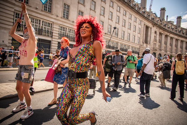 A protestor entertains during the London Trans+ Pride 2026 Parade. New EHRC rules limiting single-sex spaces to biological sex created a "bleak" backdrop for this year's London Trans+ Pride march.