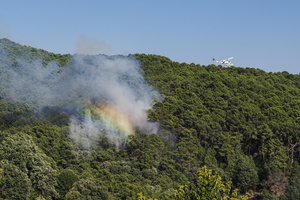 A firefighting helicopter drops water on a forest fire in Ávila as emergency crews work to contain the blaze. The wildfire has prompted an extreme fire danger alert across central Spain including Madrid and surrounding regions.