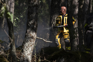 A firefighter is seen battling a large forest fire in Ávila. The wildfire has prompted an extreme fire danger alert across central Spain including Madrid and surrounding regions.