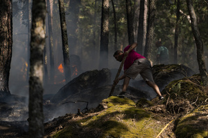 A local villager seen helping contain the flames at a forest fire in Ávila. The wildfire has prompted an extreme fire danger alert across central Spain, including Madrid and surrounding regions.