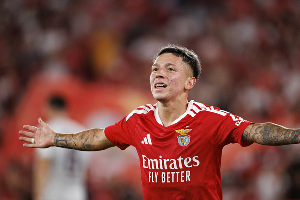 Gianluca Prestianni (SL Benfica) seen celebrating a goal during the UEFA Europa League third round qualifying game between teams of SL Benfica and Heart of Midlothian FC at Estadio Da Luz. Final score; SL Benfica 6:1 Heart of Midlothian FC