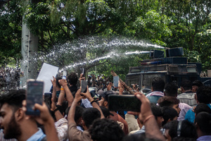 Police fire a water cannon at a crowd during the demonstration. Students staged a march to the state assembly, amplifying ongoing protests against alleged irregularities in examinations conducted by the Jharkhand Public Service Commission and the Jharkhand Staff Selection Commission.