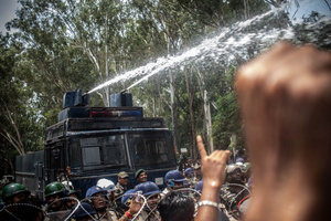 Police fire a water cannon at a crowd during the demonstration. Students staged a march to the state assembly, amplifying ongoing protests against alleged irregularities in examinations conducted by the Jharkhand Public Service Commission and the Jharkhand Staff Selection Commission.