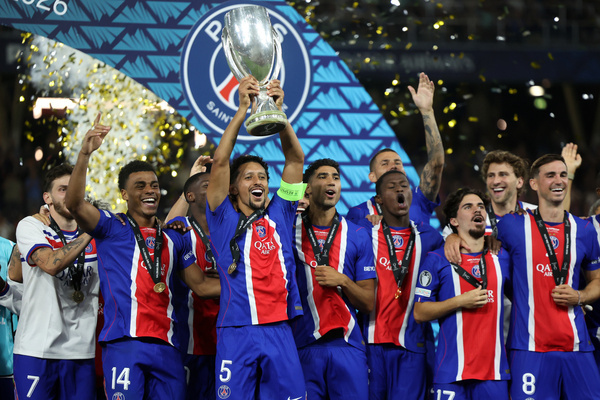 Marquinhos defenders of Paris Saint-Germain celebrates with the trophy together with the team during the Award Ceremony after the 2026 UEFA Super Cup final football match between Paris Saint-Germain and Aston Villa at the Salzburg Stadium. Final result match: PSG - ASTON VILLA 2-1