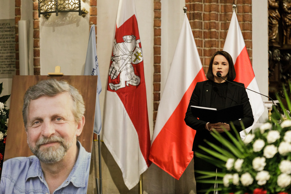 Belarusian opposition leader Sviatlana Tsikhanouskaya speaks at the end of the farewell ceremony for Belarusian politician Aliaksandr Milinkevich at St. John the Baptist Archcathedral in Warsaw's Old Town. Aliaksandr Milinkevich was a Belarusian politician and public figure. He was the united democratic opposition candidate in the 2006 presidential election and received the European Parliament’s Sakharov Prize. He died in exile in Poland on 11 August 2026, aged 79, after a long illness and complications following surgery. He will be buried at Powązki Cemetery in Warsaw, as he cannot be buried in Belarus.