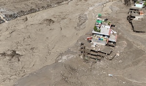(EDITOR'S NOTE : Image taken with a drone).
An aerial view shows buildings and infrastructure damaged along the swollen Trishuli River following a massive flash flood triggered by an avalanche of ice and rock in the upper Lhende River on the Tibetan side. The sudden flood swept through communities along the Bhote Koshi and Trishuli river, destroying homes, roads and bridges and leaving a widespread devastation downstream.