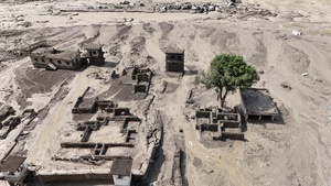 (EDITOR'S NOTE : Image taken with a drone).
An aerial view shows buildings and infrastructure damaged along the swollen Trishuli River following a massive flash flood triggered by an avalanche of ice and rock in the upper Lhende River on the Tibetan side. The sudden flood swept through communities along the Bhote Koshi and Trishuli river, destroying homes, roads and bridges and leaving a widespread devastation downstream.