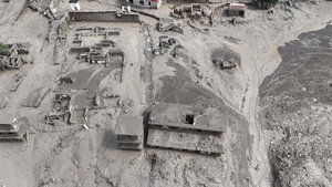 (EDITOR'S NOTE : Image taken with a drone).
An aerial view shows buildings and infrastructure damaged along the swollen Trishuli River following a massive flash flood triggered by an avalanche of ice and rock in the upper Lhende River on the Tibetan side. The sudden flood swept through communities along the Bhote Koshi and Trishuli river, destroying homes, roads and bridges and leaving a widespread devastation downstream.