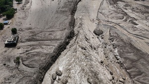 (EDITOR'S NOTE : Image taken with a drone).
An aerial view shows buildings and infrastructure damaged along the swollen Trishuli River following a massive flash flood triggered by an avalanche of ice and rock in the upper Lhende River on the Tibetan side. The sudden flood swept through communities along the Bhote Koshi and Trishuli river, destroying homes, roads and bridges and leaving a widespread devastation downstream.