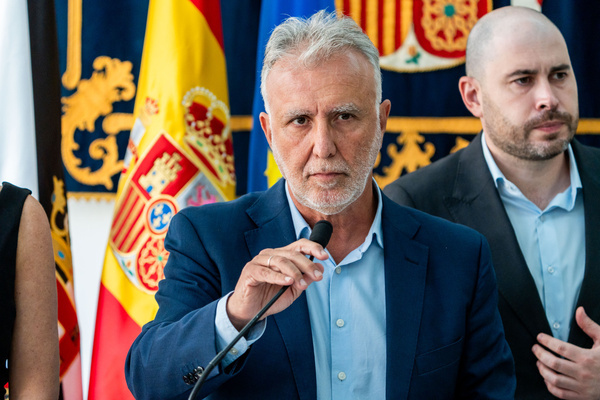 Spanish Minister for Territorial Policy and Democratic Memory, Angel Victor Torres (L) attends a press conference alongside the Spanish government's delegate, Miguel Angel Perez Triano (R) at the Spanish Government Delegation headquarters. The city is facing a major migration, humanitarian and security crisis following the mass arrival of around 80,000 people from Morocco through the Tarajal border crossing. The scale of the influx temporarily overwhelmed the Spanish enclave’s border control, identification and reception capacity while large numbers of migrants set up makeshift camps on Trampolín Beach. 
Authorities are working to relocate and identify the remaining migrants while assessing their individual circumstances and the possibility of returning them to Morocco. A large camp has been set up in the Loma de Colmenar district to centralise reception and identification operations and ease pressure on other parts of the city.