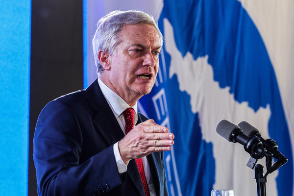 Chilean President Jose Antonio Kast gives a speech during the ceremony for Truck Driver's Day.