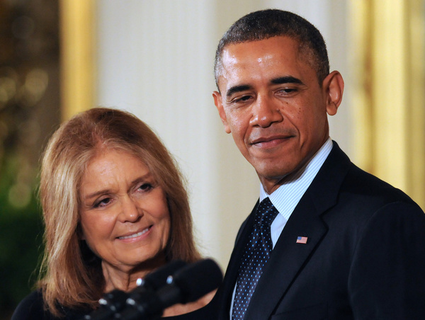 American journalist and feminist icon Gloria Steinem receives the Presidential Medal of Freedom from U.S. President Barack Obama during a ceremony at the White House. Steinem passed away on September 2, 2026 at the age of 92.