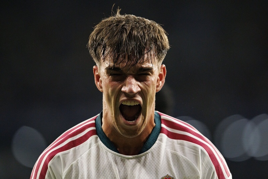Carlos Espí (Real Madrid FC) seen in action celebrating after scoring a goal during LaLiga EA SPORTS 2026/2027 game between RCD Espanyol de Barcelona and Real Madrid FC Final score - RCD Espanyol 1:2 Real Madrid FC
