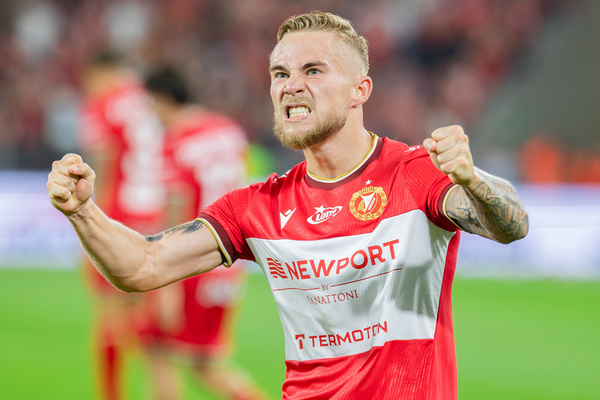 Mariusz Fornalczyk of Widzew celebrates a goal during the Polish PKO BP Ekstraklasa League match between Widzew Lodz and Lech Poznan at Widzew Lodz Municipal Stadium. Final score; Widzew Lodz 2:3 Lech Poznan.