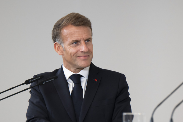 President of the French Republic Emmanuel Macron meets with Spanish Prime Minister Pedro Sánchez (not in view) during a joint press conference at the Moncloa Palace in Madrid.