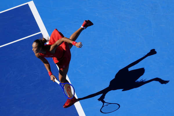 Qinwen Zheng of China plays against Han Shi of China ( not in view) during the Women's singles match on day two of the China Open at the National Tennis Center. Qinwen Zheng defeated Han Shi with a final score of 7–6(6), 4–6, 6–2.