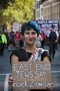 A protester seen holding a sign saying ‘East End Jews Say Fuck Zionism’ during the rally. The 90th anniversary of the Battle of Cable Street is commemorated on Sunday 4 October 2026 in the east end of London. Despite the make-up having changed greatly over the last nine decades, thousands still marched through the streets to oppose Fascism and Zionism. In 1936, over 100,000 Jewish residents, Irish dockers, trade unionists, and local working-class communities stood shoulder to shoulder and repelled Sir Oswald Mosley's British Union of Fascists.