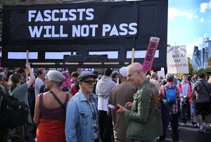 A billboard saying ‘Fascists Will Not Pass’ seen during the rally. The 90th anniversary of the Battle of Cable Street is commemorated on Sunday 4 October 2026 in the east end of London. Despite the make-up having changed greatly over the last nine decades, thousands still marched through the streets to oppose Fascism and Zionism. In 1936, over 100,000 Jewish residents, Irish dockers, trade unionists, and local working-class communities stood shoulder to shoulder and repelled Sir Oswald Mosley's British Union of Fascists.