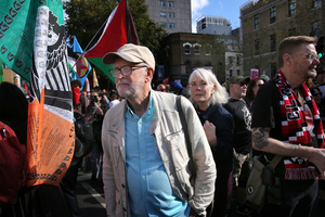 Former Labour Party leader, Jeremy Corbyn seen during the rally. The 90th anniversary of the Battle of Cable Street is commemorated on Sunday 4 October 2026 in the east end of London. Despite the make-up having changed greatly over the last nine decades, thousands still marched through the streets to oppose Fascism and Zionism. In 1936, over 100,000 Jewish residents, Irish dockers, trade unionists, and local working-class communities stood shoulder to shoulder and repelled Sir Oswald Mosley's British Union of Fascists.