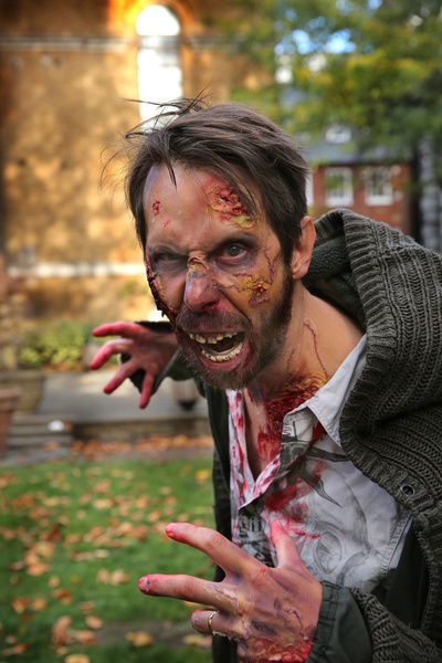 A participant with elaborate zombie make up during the celebration. Supporters of World Zombie Day dressed in their best zombie attire and took to the streets and open spaces of London’s Soho district. The event started in the United States in 2006 and raises money through donations for charities like The Dead Good Club that helps people keep abreast of fast changing technologies like AI and digital media.