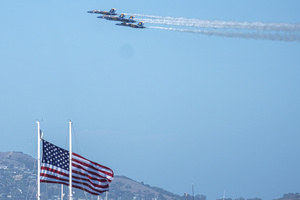 The fighter jets of Blue Angels perform over the skies of San Francisco. Crowds gather along the waterfront to watch the San Francisco Fleet Week Air Show as aircraft, including the U.S. Navy Blue Angels, performed in the skies over the city. The annual event is part of San Francisco Fleet Week, which celebrates the U.S. military and honors the men and women serving in the armed forces.