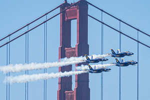 The fighter jets of Blue Angels perform over the skies of San Francisco. Crowds gather along the waterfront to watch the San Francisco Fleet Week Air Show as aircraft, including the U.S. Navy Blue Angels, performed in the skies over the city. The annual event is part of San Francisco Fleet Week, which celebrates the U.S. military and honors the men and women serving in the armed forces.