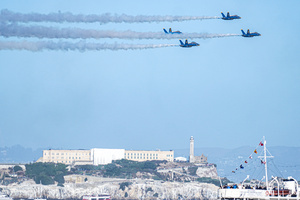 The fighter jets of Blue Angels perform over the skies of San Francisco. Crowds gather along the waterfront to watch the San Francisco Fleet Week Air Show as aircraft, including the U.S. Navy Blue Angels, performed in the skies over the city. The annual event is part of San Francisco Fleet Week, which celebrates the U.S. military and honors the men and women serving in the armed forces.