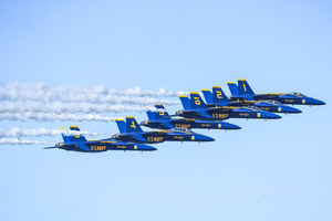 The fighter jets of Blue Angels perform over the skies of San Francisco. Crowds gather along the waterfront to watch the San Francisco Fleet Week Air Show as aircraft, including the U.S. Navy Blue Angels, performed in the skies over the city. The annual event is part of San Francisco Fleet Week, which celebrates the U.S. military and honors the men and women serving in the armed forces.