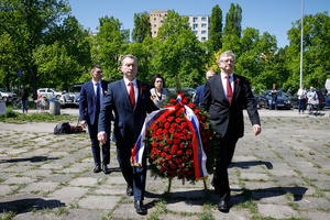 A Russian delegation headed by Sergey Andreev, the Ambassador of the Russian Federation in Poland, arrive at the Mausoleum of Soviet Soldiers in Warsaw. On the 77th anniversary of the Red Army victory over Nazi Germany Ukrainian activists performed at the Soviet soldiers cemetery in Warsaw as they protested against Russian invasion of Ukraine. Activists banned the Russian delegation headed by Sergey Andreev, the Ambassador of the Russian Federation in Poland, from entering the Cemetery. During that attempt diplomats were doused with fake blood by the Ukrainian activists.
