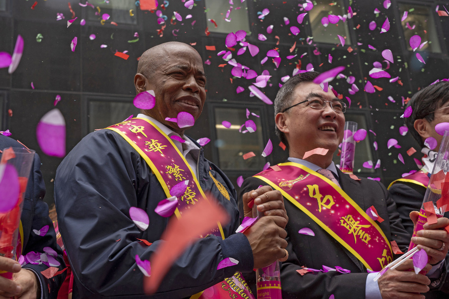New York City Mayor Eric Adams and Chinese Consul General in New York Huang Ping seen with confetti at the New York City first Asian American and Pacific Islander Heritage Cultural Parade in New York City.