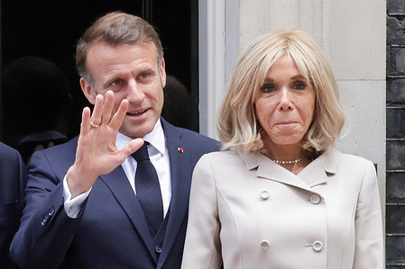 President of the French Republic, Emmanuel Macron and his wife First Lady of France Brigitte Macron on the steps of No. 10 Downing Street on the second day of Presidents' State Visit to the UK.