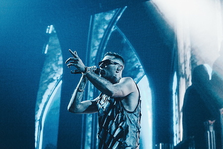 Fabio Bartolo Rizzo, better known by his stage name Marracash, performs live during the concert in Palazzo dello Sport.