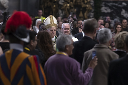 Pope Leo XIV leaves at the end of a mass on the occasion of the Jubilee of the Synodal Teams and Participatory Bodies at St. Peter's basilica.