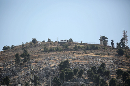 A view of the construction of a new synagogue on top of Mount Gerizim opposite Joseph's tomb which religious Jews claim as a holy site. The religious Jews are demanding that the Israeli government return Joseph's tomb which they abandoned 25 years ago.