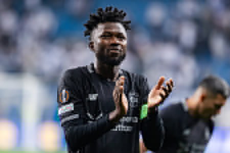 Edmond Tapsoba of Bayer applauds during the UEFA Europa League match between Lech Poznan and Bayer 04 Leverkusen at Enea Stadium Poznan. Final score; Lech Poznan 0:4 Bayer 04 Leverkusen.