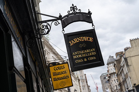 Sign for Jarndyce Antiquarian Booksellers, a specialist antique book shop in Great Russell Street opposite the British Museum.