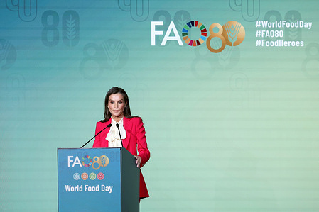 The Queen, Letizia Ortiz from Spain reads a speech in front of the audience in plenary session. Global leaders gathered at the Food and Agriculture Organization (FAO) headquarters in Rome to mark the 80th anniversary of the FAO and World Food Day. The event highlighted a collective call to strengthen efforts toward achieving global food security and sustainability. Speakers emphasized the importance of protecting the environment, managing resources responsibly, and ensuring that progress toward zero hunger remains inclusive and leaves no one behind.