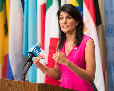 Ambassador Nikki Haley Permanent Representative of the United States speaks during a press conference at the United Nations.