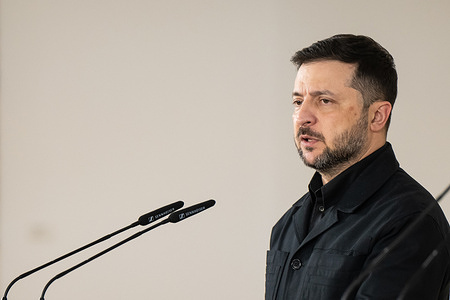 President of Ukraine Volodimir Zelenski speaks during the meeting President of the Government Pedro Sanchez el at the Moncloa Palace, in Madrid.