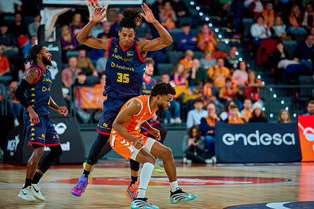 Yves Pons of MoraBanc Andorra and Jean Montero of Valencia Basket in action during the Spanish League ACB basketball gameday 12 between Valencia Basket and MoraBanc Andorra at Roig Arena. Final scores:  Valencia Basket 84-79 MoraBanc Andorra