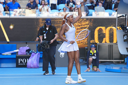 Coco Gauff of the United States acknowledges fans after her victory against Hailey Baptiste of the United States (not in view) during the Women's Singles third round on day six of the 2026 Australian Open at Melbourne Park.