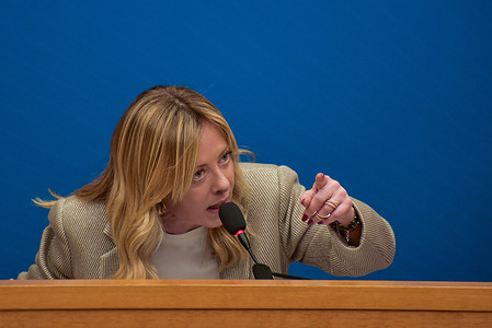 Italian Prime Minister Giorgia Meloni answers questions during a press conference organized by the National Council of the Order of Journalists at the Chamber of Deputies.