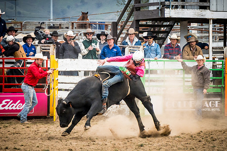 A rider competes at the annual Omeo Rodeo for 2026 on Easter Saturday in the small rural town of Omeo.