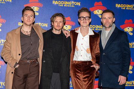 L-R Danny Jones, Dougie Poynter, Tom Fletcher and Harry Judd seen arriving on the Blue Carpet during the Paddington The Musical World Premiere opens in the West End, London.