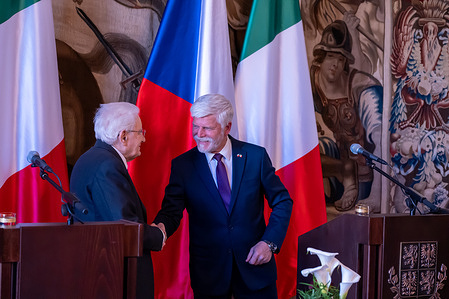 Italian President Sergio Mattarella (L) and Czech President Petr Pavel (R) attend a joint press conference after their meeting at Prague Castle. President of Italy Sergio Mattarella and his daughter serving as first lady Laura Mattarella, visit the Czech Republic and met with the Czech president Petr Pavel and his wife Eva Pavlova.