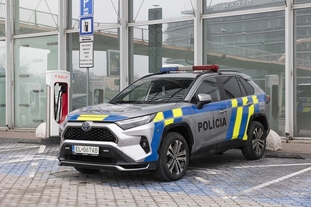 Slovak Police car (Toyota Hybrid) is being charged at a Tesla charging station in Bratislava. "The Slovak Police (Policajný zbor SR) has a significant number of Toyota hybrids in its fleet — specifically 400 units of the plug-in hybrid Toyota RAV4 PHEV, making it the largest single model in their modernized "green" vehicle lineup. The Toyota RAV4 PHEV is currently the most widespread plug-in hybrid (and hybrid overall) patrol vehicle in the Slovak police fleet, forming a major part of their shift toward lower-emission vehicles."