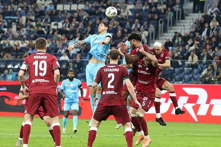 Marcilio Florencio Mota Filho, known as Nino (33) of Zenit and Igor Vujacic (5) of Rubin seen in action during the Russian Premier League football match between Zenit Saint Petersburg and Rubin Kazan at Gazprom Arena. Final score; Zenit 1:0 Rubin.