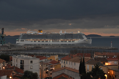 The Italian liner “Costa Smeralda” cruise ship leaves the French Mediterranean port of Marseille.