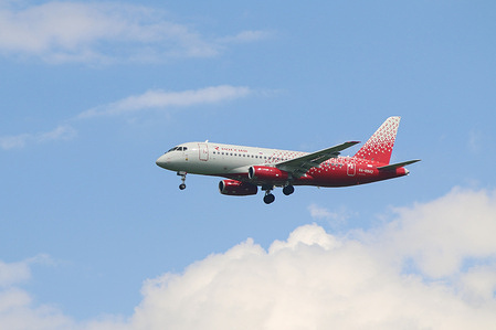 The Rossiya Sukhoi Superjet 100 aircraft is preparing to land at Pulkovo Airport in St. Petersburg, in the Russian Federation before the start of SPIEF 2022.