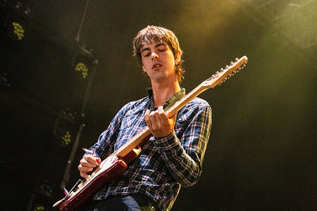 Albert Rung guitarist with the Danish band quartet APHACA, performs live at Roskilde Festival 2025 arena. The festival is the largest of its kind in the Nordics with an expected 130,000 participants during the 7 days festival spans. The camping area opened four days before the start of the festival with music playing from 2nd July - 5th July. The headline acts include Olivia Rodrigo, Charli XCX, Fontaines D.C. and MØ.